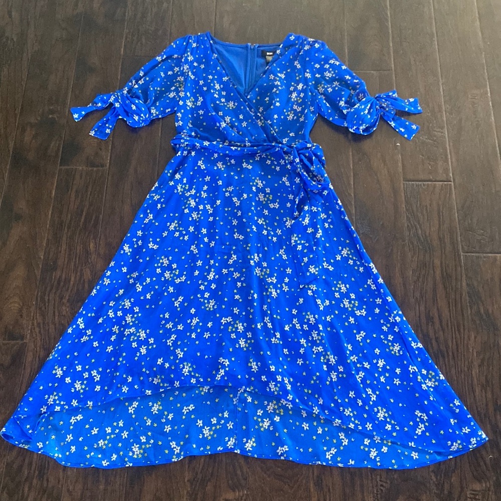 DKNY Blue Floral Faux Wrap Dress